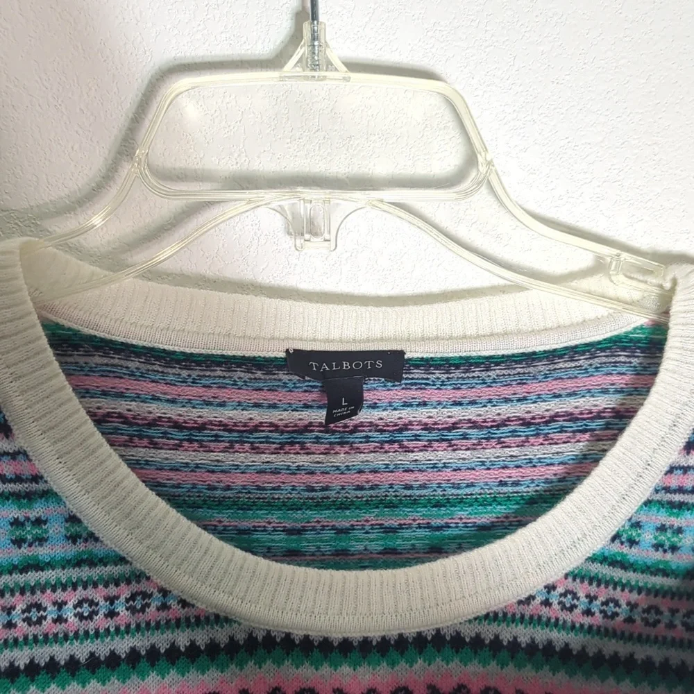 Talbots Womens Sweater Fair Isle Multi-color Striped Lambs Wool Pink Green Large